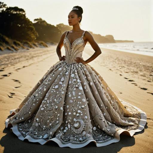 Model in Seashell Embellished Ballroom Gown on Beach