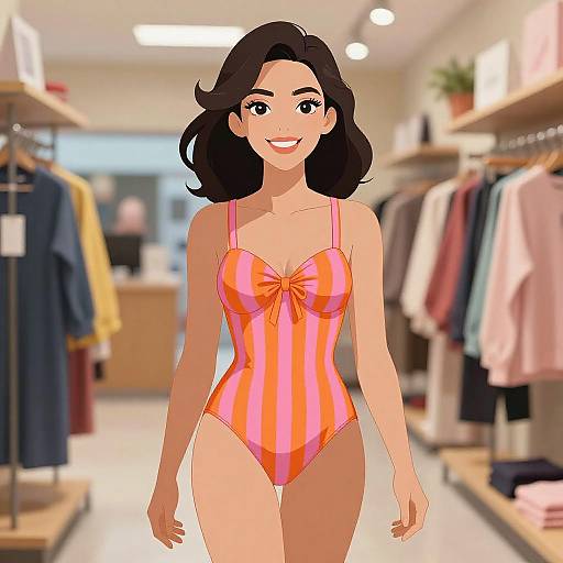 Retro Woman in Bold Striped Swimsuit