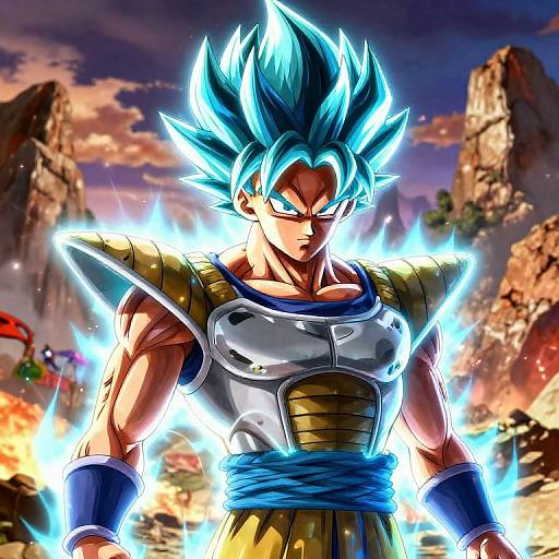 Digital art of Super Saiyan Son Goku with electric blue hair, glowing aura, and golden armor, standing in a rocky, fiery landscape.