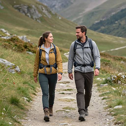 Photograph of a smiling couple hiking on a mountain trail, wearing backpacks and outdoor clothes, surrounded by green hills and rocky path.