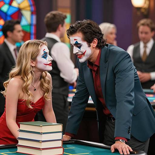 Man and Woman in Joker Face Paint at Casino Table