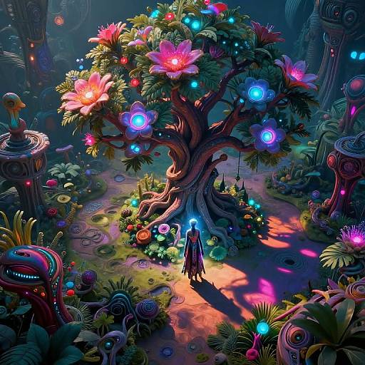 Digital fantasy artwork of a glowing, colorful forest with a luminescent tree, vibrant flowers, and a cloaked figure holding a blue orb.