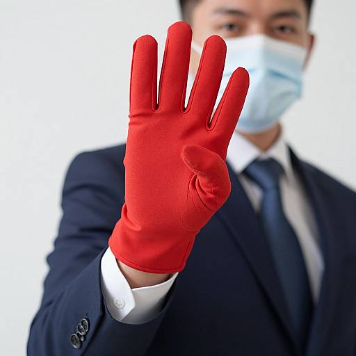 Man in Suit Wearing Red Superhero Gloves