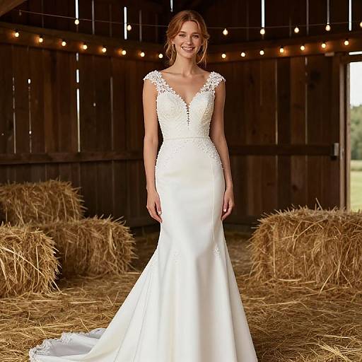 Photograph of a smiling woman in a white lace-trimmed, V-neck, form-fitting wedding dress standing in a barn with hay bales