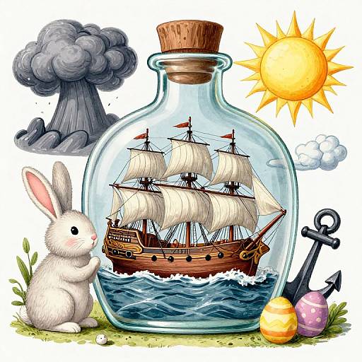 Ship in a Bottle with Easter Bunny and Symbols