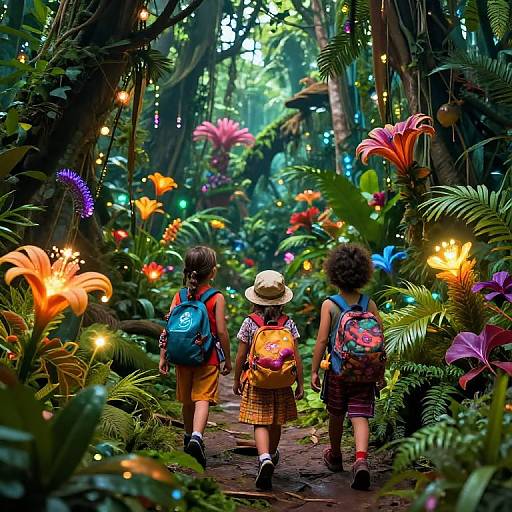 Photograph of two children, one in a hat, walking a jungle path with vibrant flowers, colorful lights, and lush greenery.