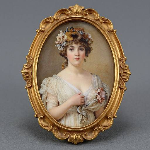 Photograph of a detailed, oval, gold-framed, 19th-century painting of a young woman with fair skin, brown curly hair, wearing