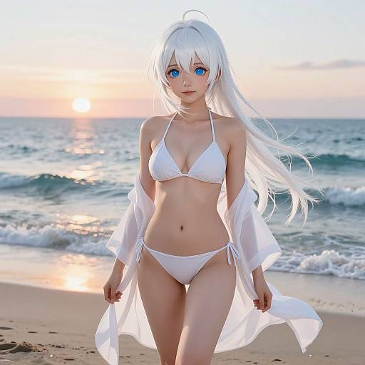 Anime-style digital artwork of a white-haired woman with blue eyes in a white bikini and sheer robe, standing on a beach at sunset.