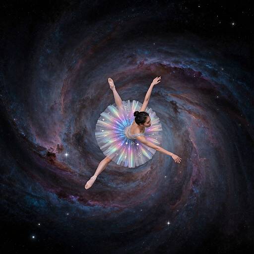 Digital artwork of a ballerina with arms outstretched, wearing a sparkling tutu, floating in a swirling galaxy with vibrant cosmic colors.