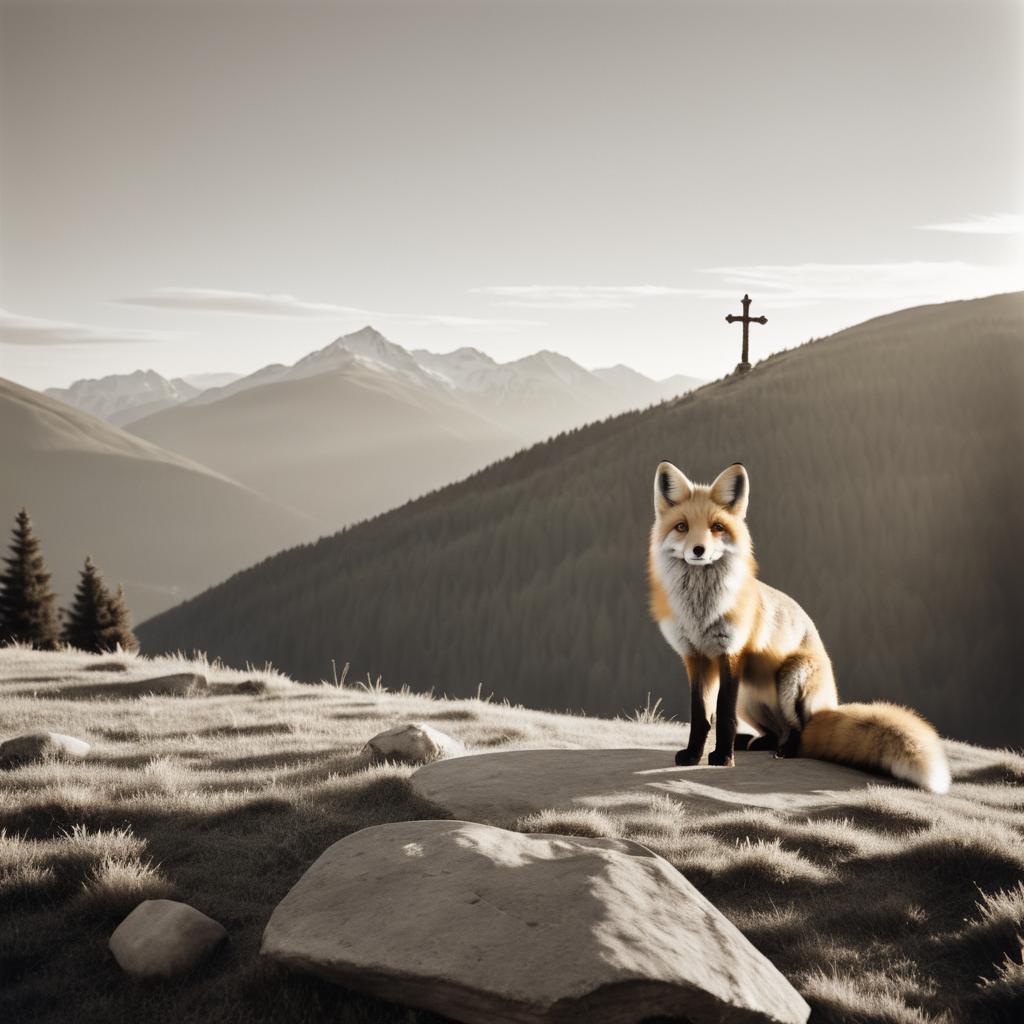 Playful Fox in Rustic Mountain Scene