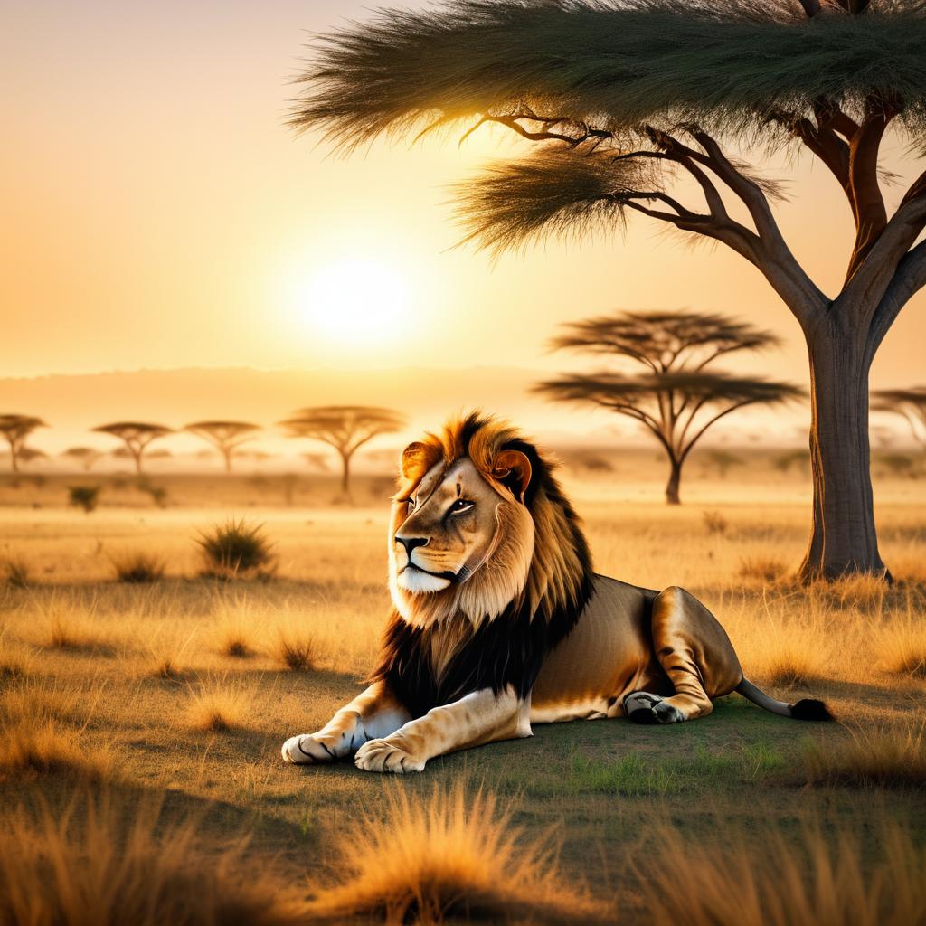 Majestic Lion at Sunset in Savanna