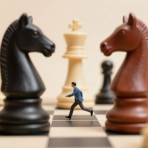 Photograph of a small man in a blue suit running between large black and brown horse chess pieces, with a white king in the blurred background.