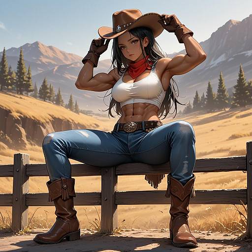 Muscular Cowgirl Sitting on Fence with Mountain Background