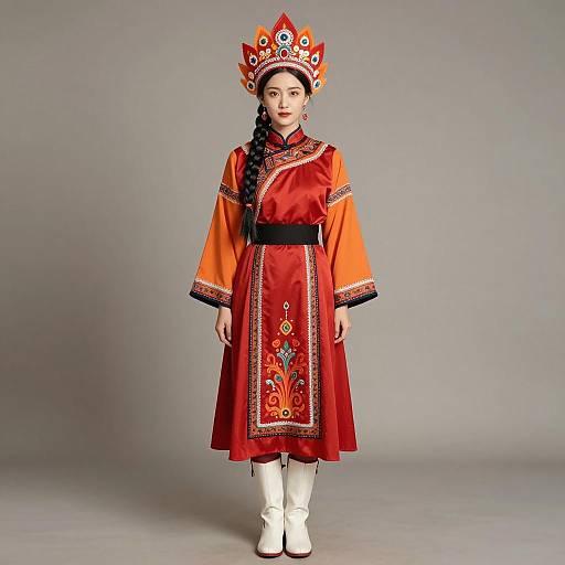 Woman in Traditional Red and Orange Cultural Dress