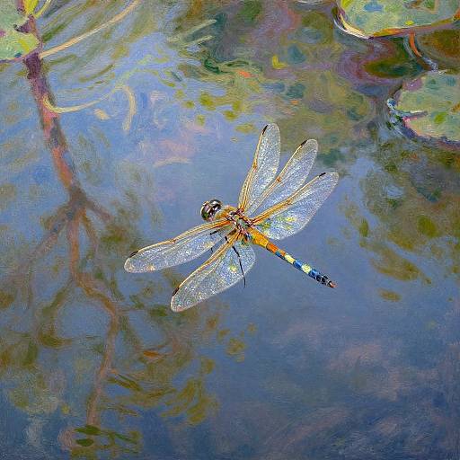 Photograph of a sparkling, detailed dragonfly with translucent wings, orange and black body, floating on a reflective, colorful water surface.