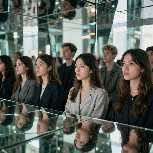 Photograph of five young adults with serious expressions, standing in front of a mirrored wall, reflecting their images, in a modern, brightly lit building.