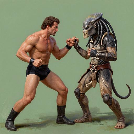 Digital artwork: Muscular man in black shorts and boots boxing armored, reptilian alien with dreadlocks, wearing metal armor and brown belt. Green background