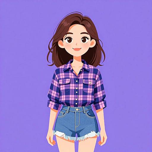 Digital anime-style drawing of a smiling young woman with brown hair, wearing a purple plaid shirt and blue denim shorts, against a solid purple background.
