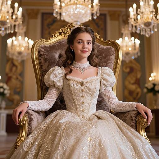 Photograph of a smiling young woman in an ornate, gold-framed, Victorian-style chair, wearing an elaborate, white, lace and pearl-
