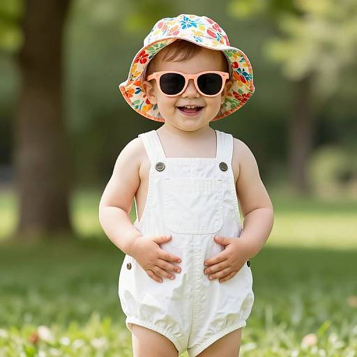 Cute toddler in white overalls and colorful sunhat, wearing large round sunglasses, smiling in a sunny green park. Photograph.