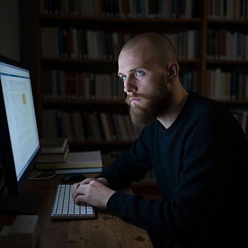 Photograph of a bald, bearded man in a black sweater, focused on a glowing computer screen, dimly lit library background.