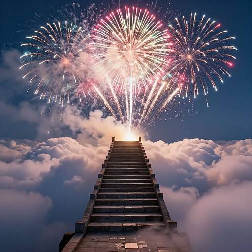 Photograph of a stone staircase ascending into the sky, surrounded by clouds, with vibrant fireworks exploding above against a dark blue night sky.