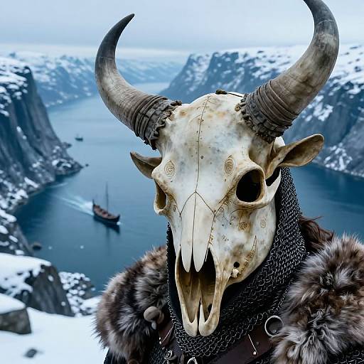 Photorealistic digital art: Horned skull-masked figure with fur-trimmed cloak, set against snowy mountainous landscape with blue sea and distant