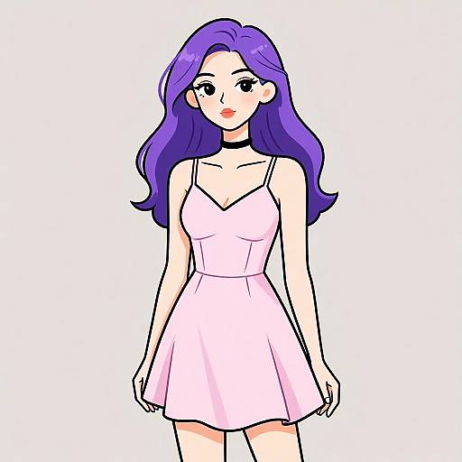 Digital anime-style drawing of a young woman with long purple hair, wearing a pink, sleeveless, V-neck dress and black choker.