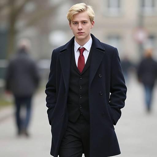 Photograph of a young, fair-skinned, blonde man with a serious expression, wearing a black overcoat, white shirt, and red tie,