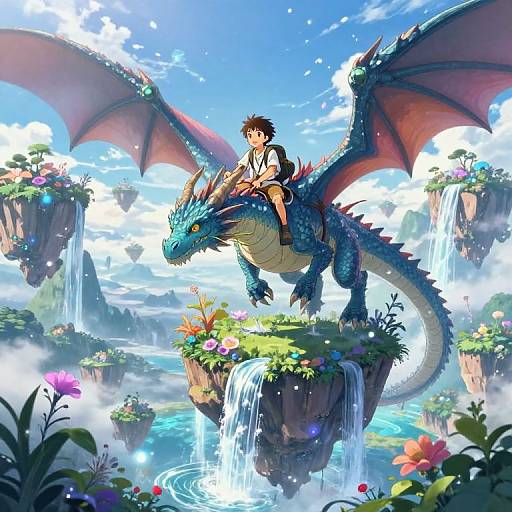Anime-style digital artwork of a young boy riding a blue dragon with red wings over a lush, flower-filled, waterfall-filled sky island.