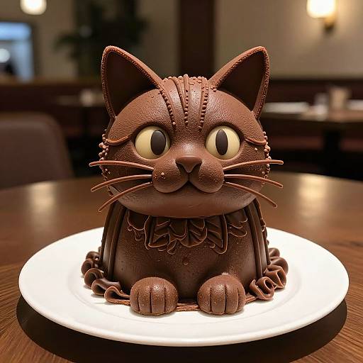 Photograph of a chocolate cat cake with large, round eyes and detailed whiskers, sitting on a white plate in a dimly lit restaurant.