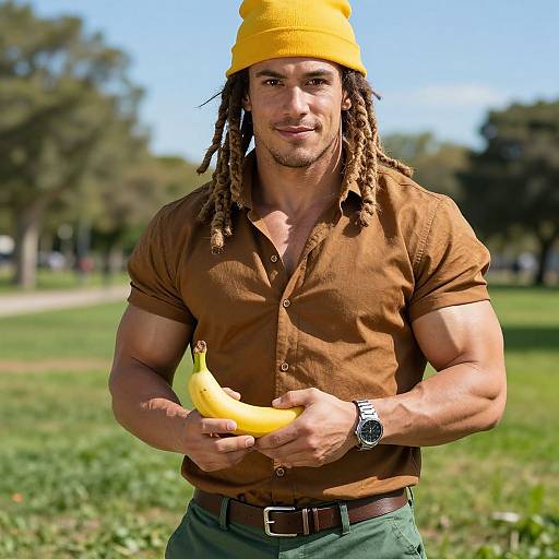 Photograph of a muscular man with dreadlocks, wearing a yellow beanie, brown shirt, and green pants, holding a banana outdoors.