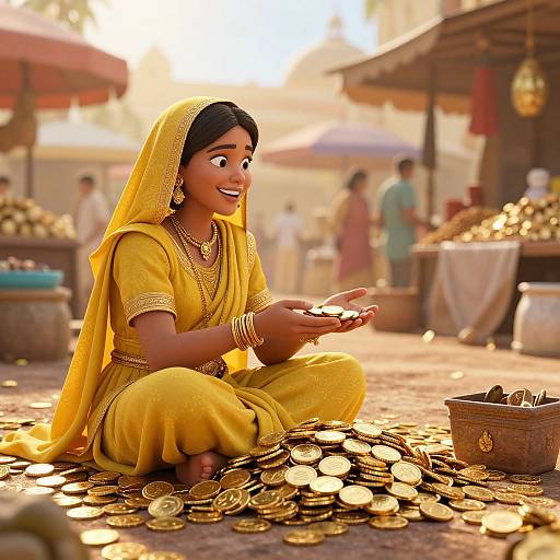 Digital illustration of a smiling Indian woman in a yellow sari, seated on a market ground, offering gold coins from a basket.
