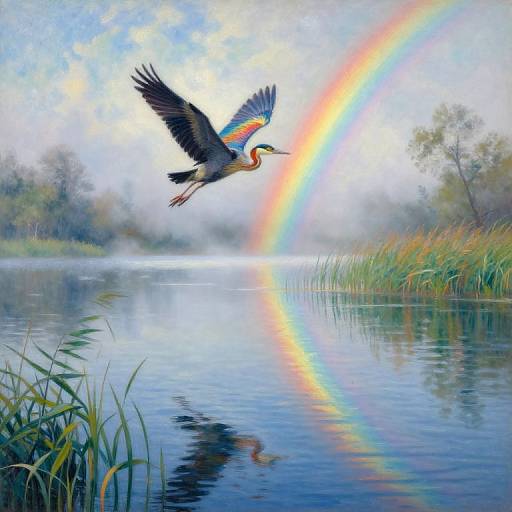 Digital painting of a colorful heron flying over a calm lake with a vibrant rainbow reflecting on the water.