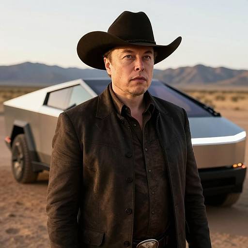 Photograph of a white man with light stubble, wearing a black cowboy hat and jacket, standing in a desert with a sleek, white, futuristic