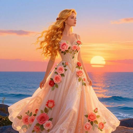 Blonde woman in a flowing, floral-embellished white gown stands on a rocky beach at sunset, ocean and vibrant sky behind.