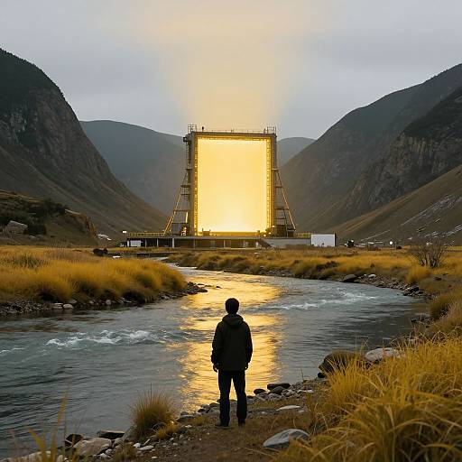 Photograph of a lone person standing by a river, facing a massive, illuminated rectangular light panel in a mountain valley.