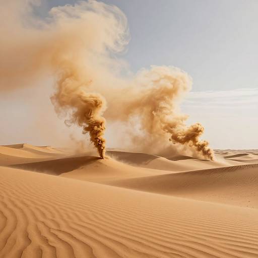 Photograph of a desert with two large orange-yellow smoke plumes rising from sand dunes under a clear, bright sky. Ripples in the sand