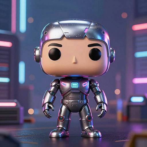 Chibi-style CGI robot with large black eyes, metallic silver helmet, and black armor, standing in a neon-lit futuristic lab.