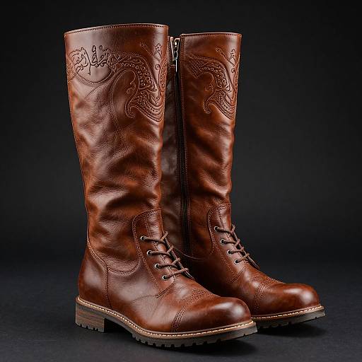 Photograph of brown leather knee-high boots with intricate embroidery, lace-up front, and chunky soles, set against a dark background.