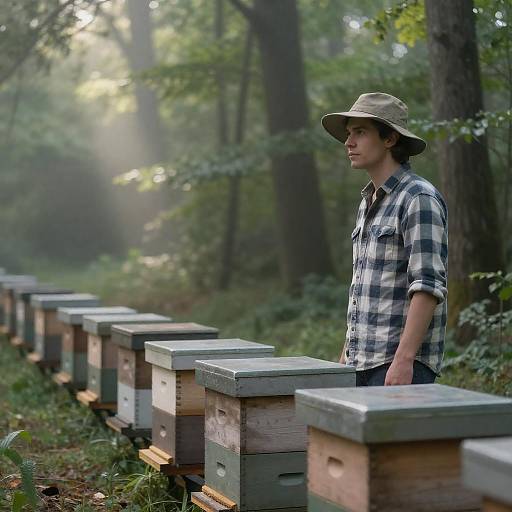 Serene Forest Scene with Bee Hives