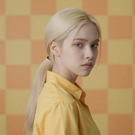 Platinum Blonde with Warm Checkered Background