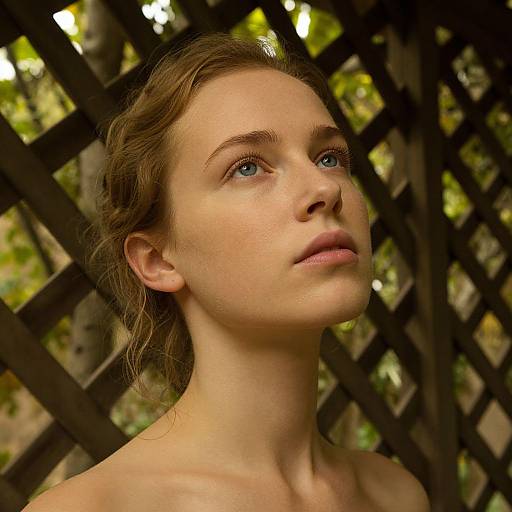 Photograph of a young Caucasian woman with fair skin, blue eyes, and light brown hair, looking upward against a dark wooden lattice background.