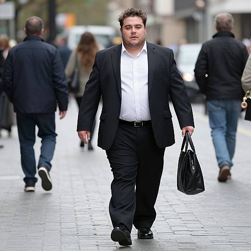 Photograph of a serious, short-haired man in a black suit and white shirt, carrying a black bag, walking on a busy city street with blurred