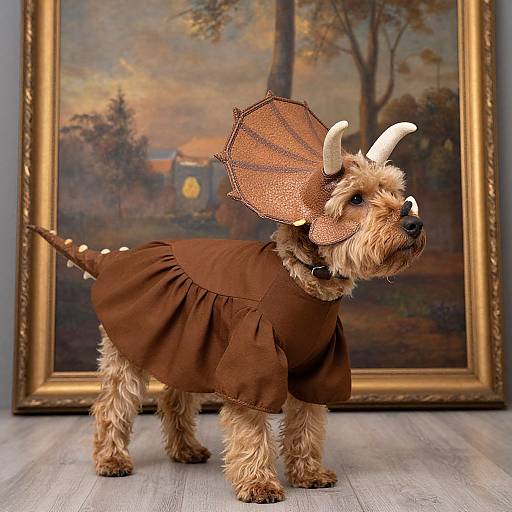 Photograph of a small, tan, curly-haired dog dressed as a dragon with a brown costume, frilled headpiece, and horns, standing on