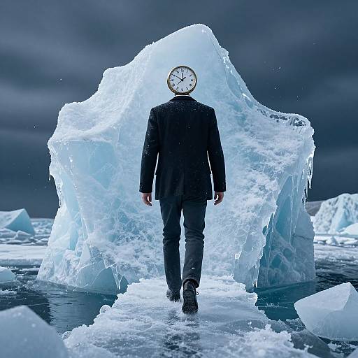 Photograph of a man in a black suit with a clock face for a head, walking through a massive, icy iceberg in a dark, cloudy Arctic