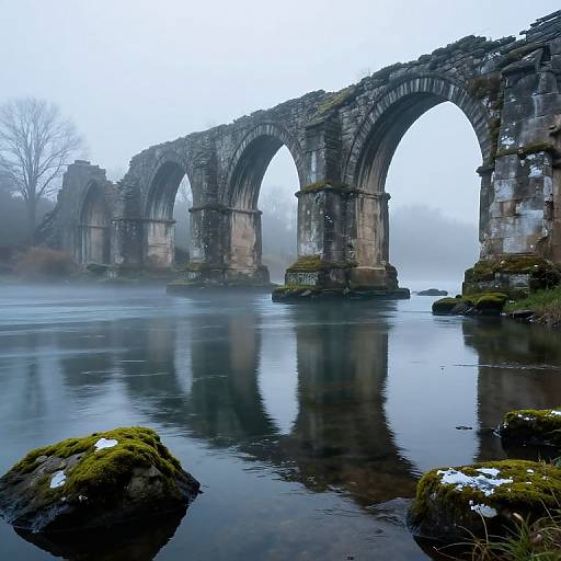 Photograph of a misty, overcast day featuring a weathered, three-arched stone bridge reflected in a calm, moss-covered river.