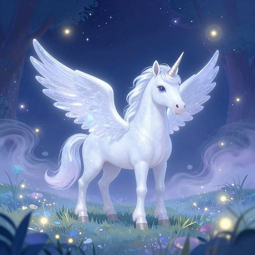 Digital illustration of a glowing white winged unicorn with a horn, standing in a magical, moonlit forest, surrounded by floating fireflies and ethereal