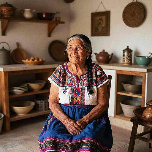 Peaceful Latina Woman in Rustic Kitchen