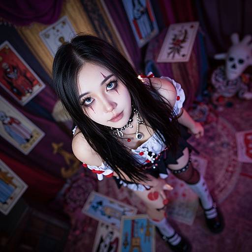 Photograph of a pale, dark-haired young woman with black eyeliner, white lace top, black skirt, and goth necklace, kneeling among tar